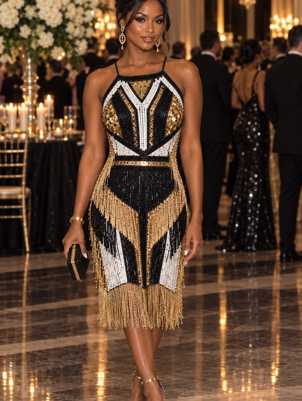 ASOS | Dresses | Asos Gold Black White Sequin Fringe Halter Mini Dress